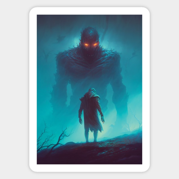 Giant in the Fog | Ominous Painting | Horror Fiction Art | Surrealism Artist | Dark Fantasy Style | Mysterious Giant in the Mist Sticker by GloomCraft